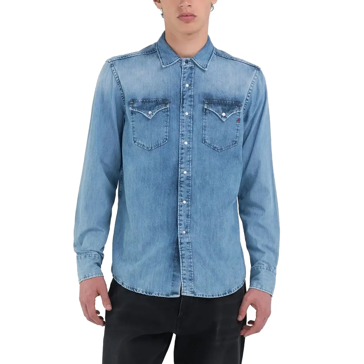 Replay Button Front Shirt Light Blue