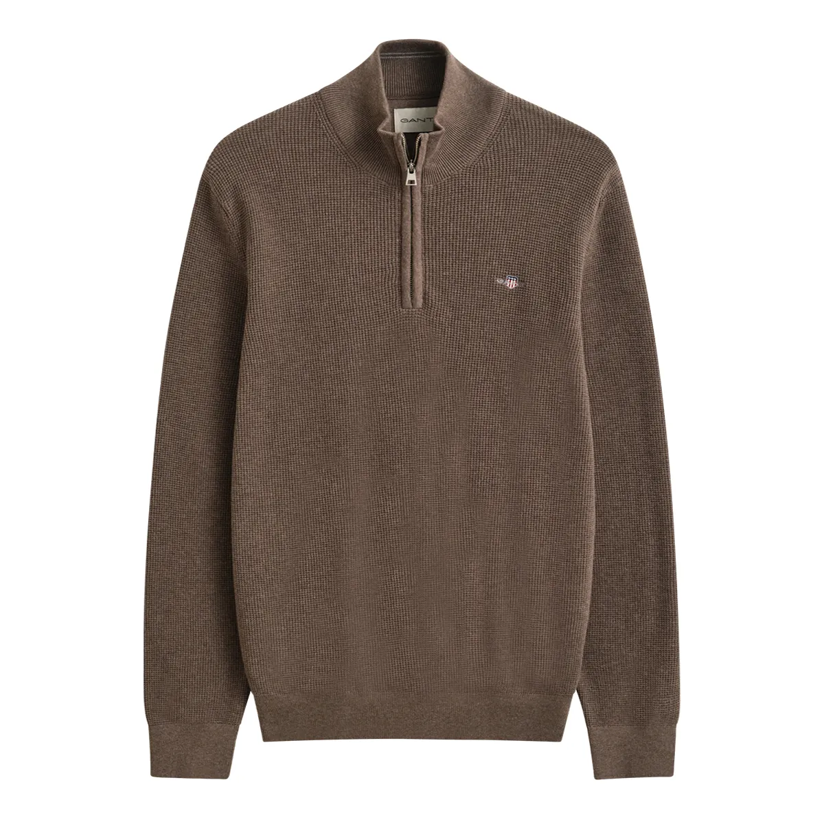 Gant Waffle Knit Half Zip Sweater Dark Hazelnut Brown
