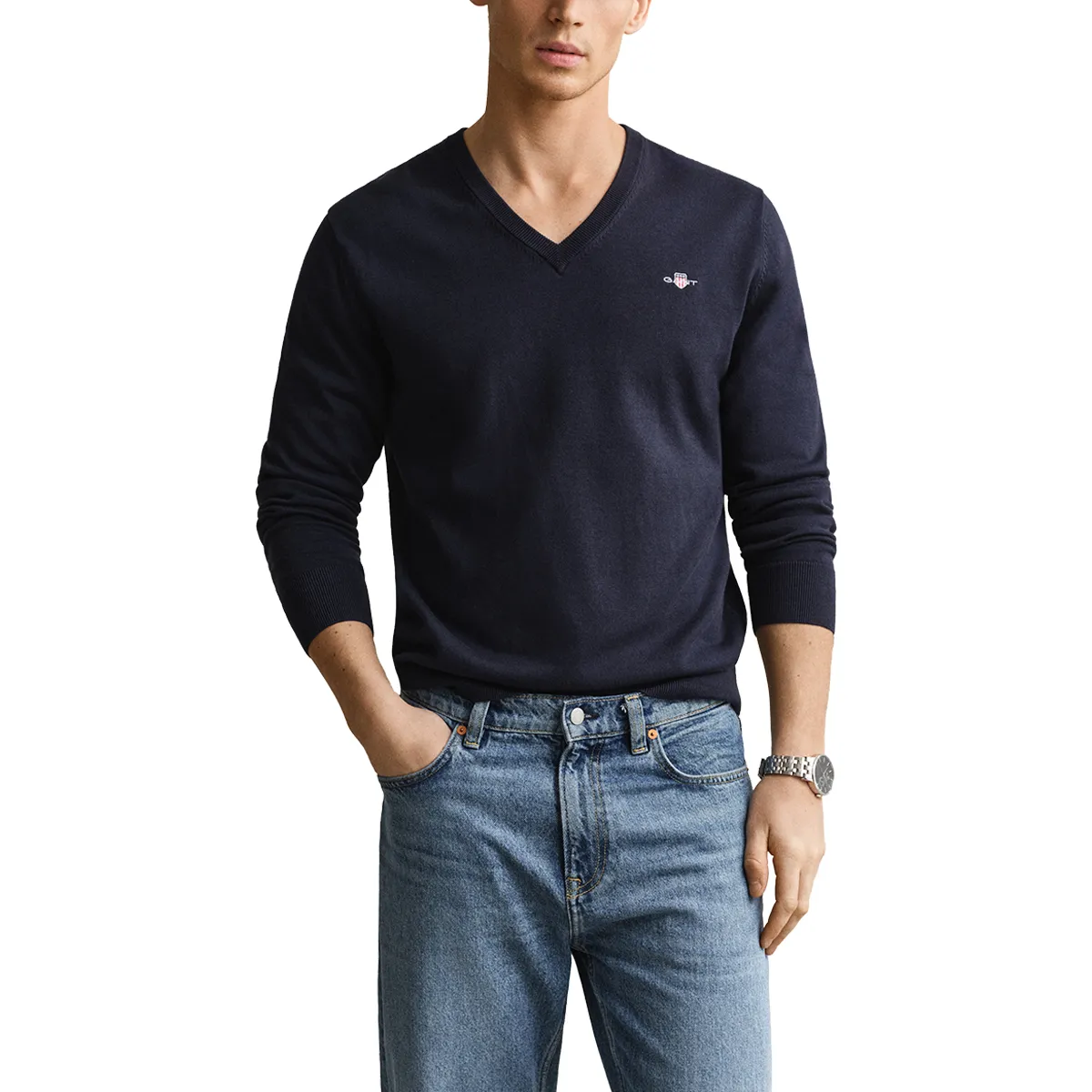 Gant V-Neck Knit Cotton Sweater Evening Blue AW26 - view 2