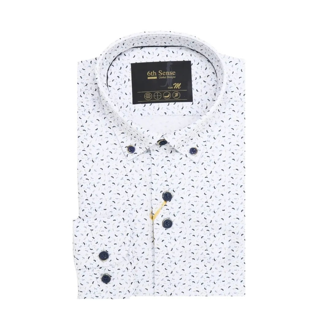 6th Sense LS Crescent Print BD Shirt Whi