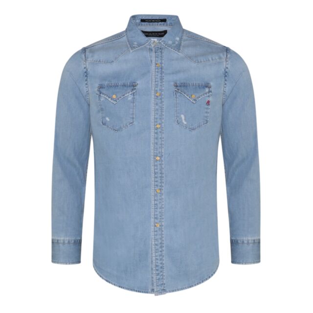 Replay Distressed Denim Shirt Light Blue