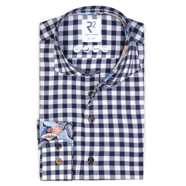 R2 Amsterdam Viscose Check Shirt In Navy