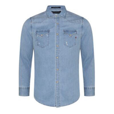 Replay Distressed Denim Shirt Light Blue