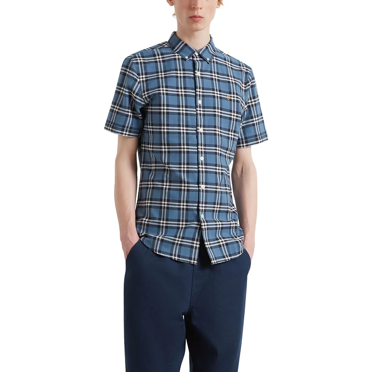 Farah Brewer Organic SS Check Shirt Blue