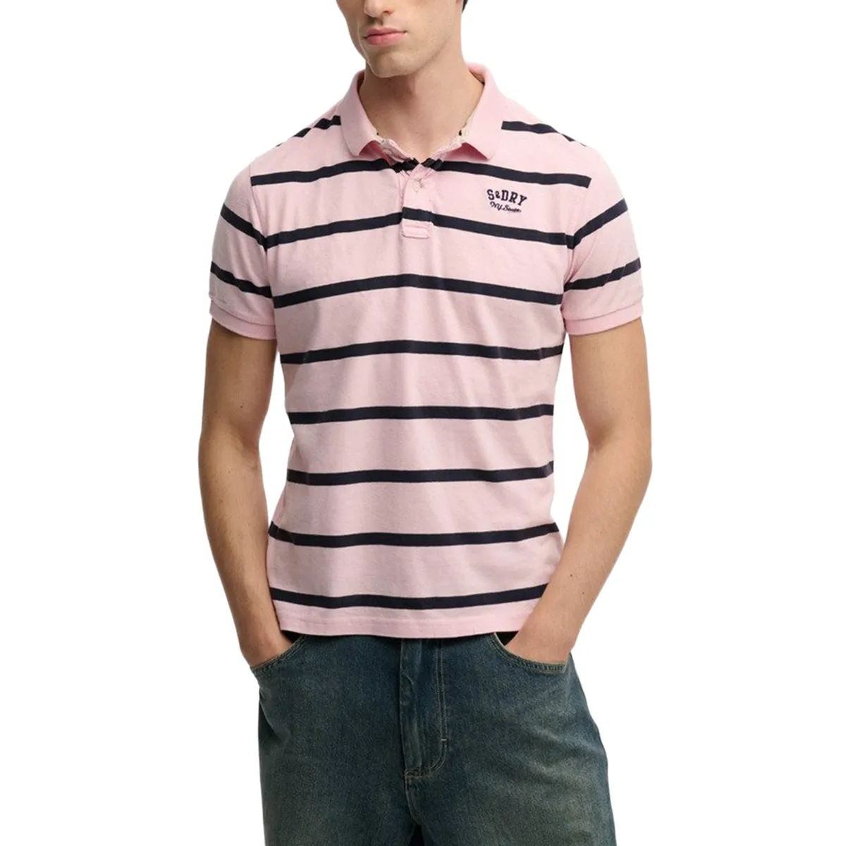 Superdry Vintage Stripe Jersey Polo Pink with Navy Stripes