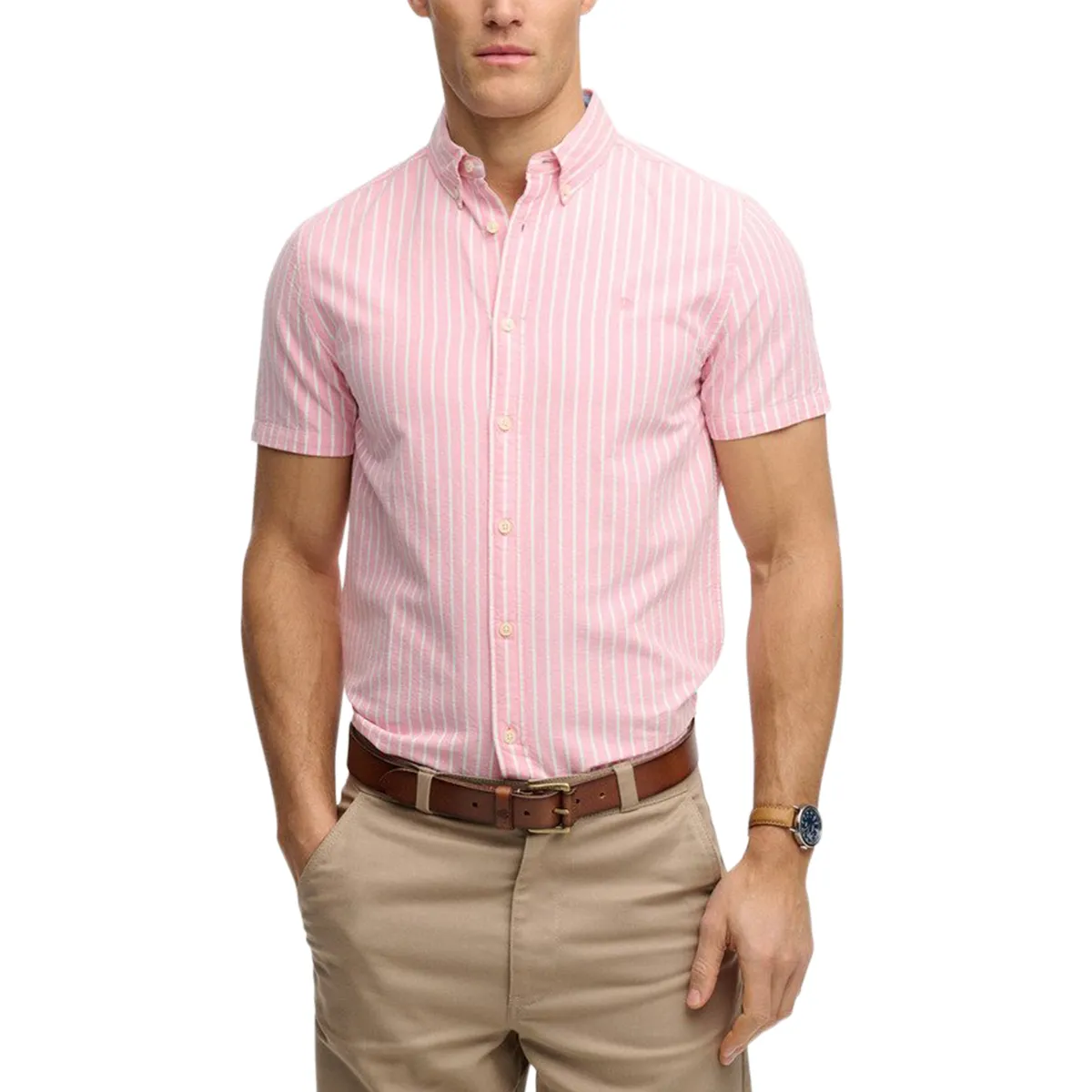 Superdry SS Preppy Oxford Striped Shirt Coral